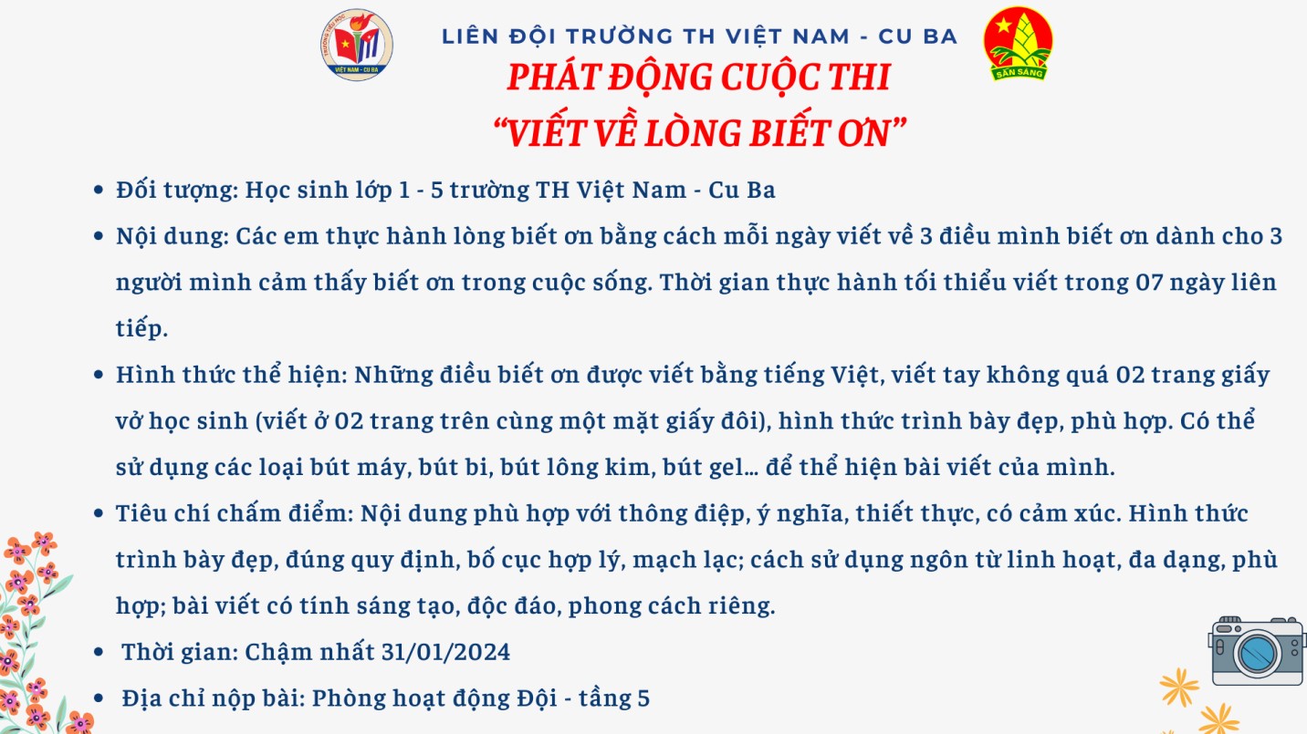 Liên đội trường TH Việt Nam – Cu Ba phát động cuộc thi Viết về lòng biết ơn