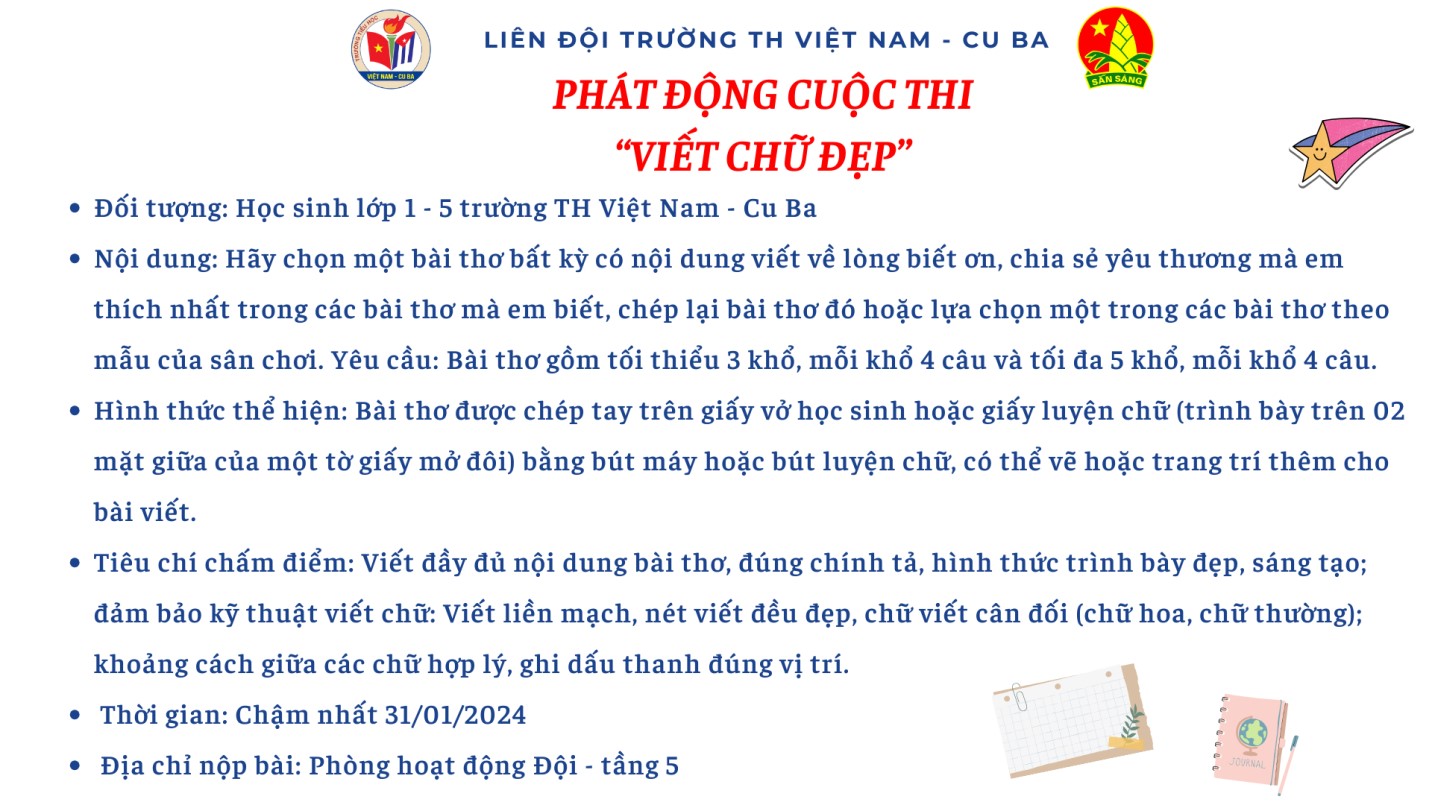 Liên đội trường TH Việt Nam – Cu Ba phát động cuộc thi Viết chữ đẹp